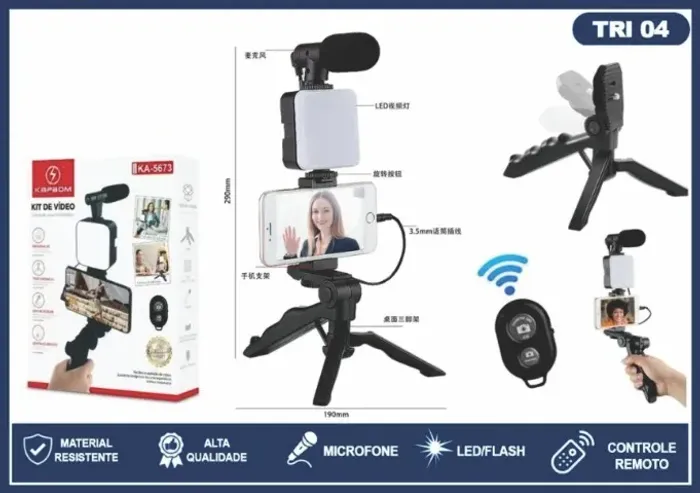 KIT DE GRAVAÇAO 5 EM 1 (TRIPE COM MICROFONE E LUZ LED)