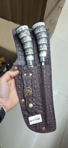 Kit faca e chaira churrasco acessório bainha em couro lâmina inox