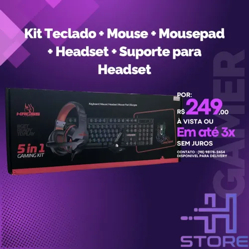 Kit Gamer Completo 5 em 1 - Teclado, Mouse, Mousepad, Headset e Suporte