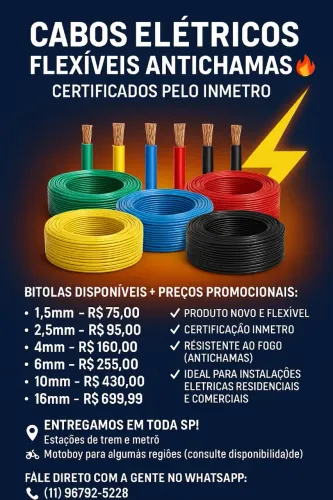 Cabos elétricos flexível antichamas certificado pelo Inmetro 