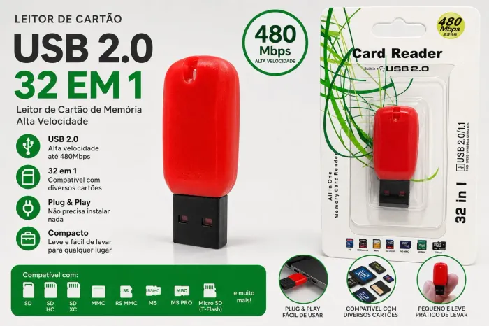  Leitor de Cartão USB 2.0 32 em 1 - Novo Lacrado