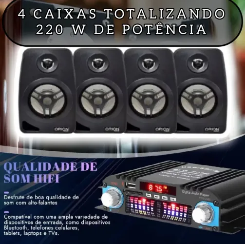 KIT SOM AMBIENTE AMPLIFICADOR 4 CANAIS 1600W 4 CAIXINHA 70W
