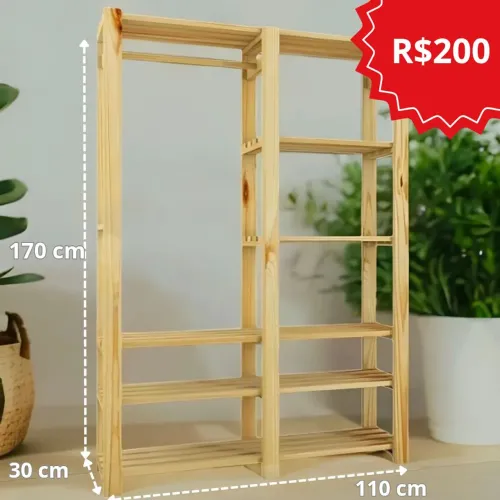 Arara Dupla cabideiro guarda-roupa prateleira móveis madeira pinus closet aberto armário