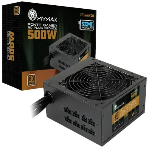 Fonte Mymax ATX, 500W, 80 Plus Bronze, Semi-Modular, PFC Ativo, Bivolt, Com Cabo, Preta