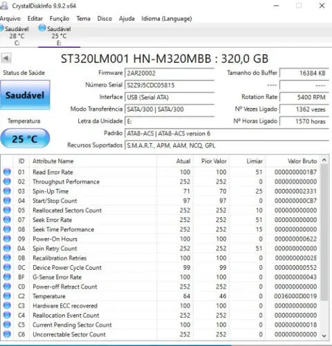 HD 320GB 2.5" SATA Seagate/Samsung - ST320LM001 SAUDÁVEL