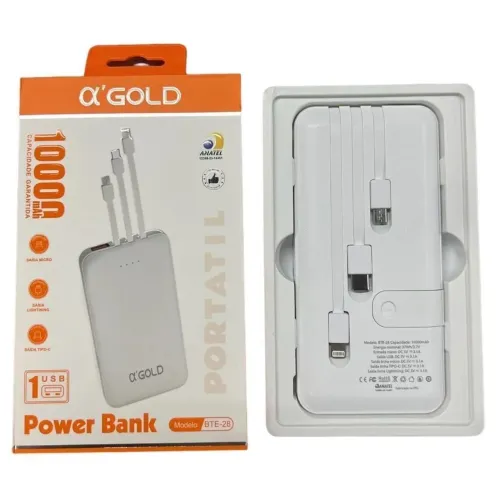 Carregador portátil 10.000 mah 3 saída V8 iPhone e tipo C 