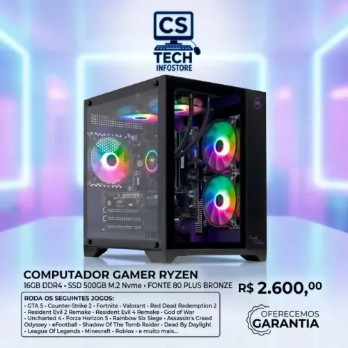 Pc Gamer Novo - Ryzen - 16GB DDR4 - SSD 500GB M.2 NVME - Water Cooler + Gabinete Aquário