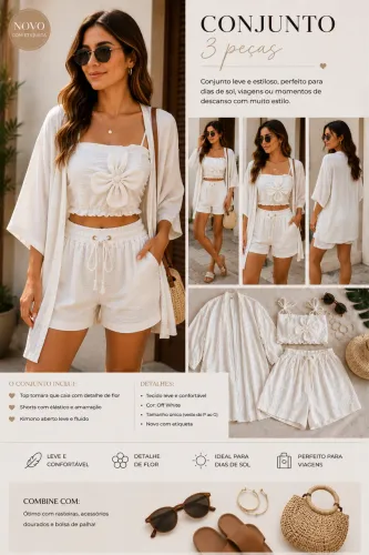 Conjunto Feminino 3 Peças Off White Novo com Etiqueta | Tendência Verão 