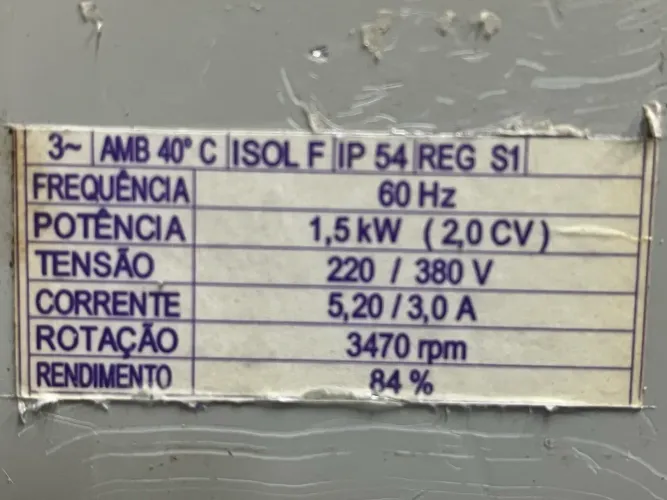 Motor elétrico trifásico 1,5 kW (2,0 cv) 220/380 volts - 3470 rpm 
