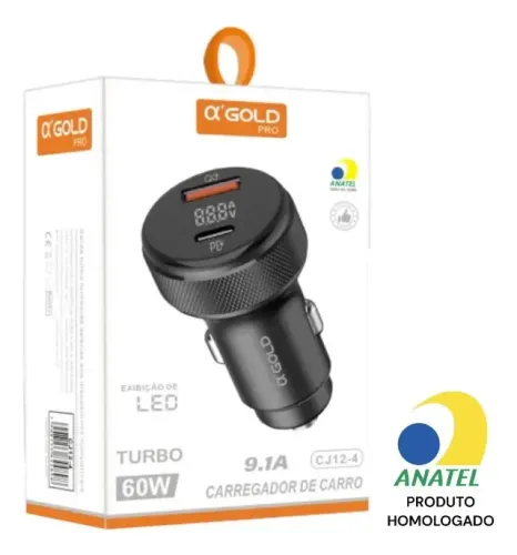 Carregador De Carro Turbo 60w Com Exibição De Led Usb-c Nf-e Cor Preto
