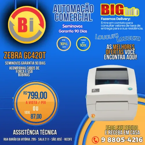 Impressora Termica de Etiquetas Zebra GC420T - Em ate 10x Fixas 