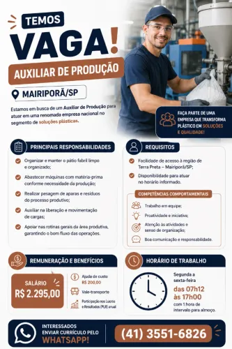 Vaga de Auxiliar de Produção e Operador de Máquinas