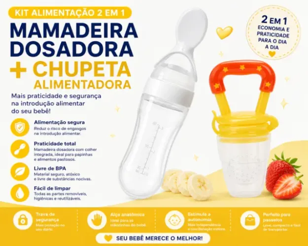 Kit Alimentação Bebê 2 em 1 | Mamadeira Dosadora 90 ml + Chupeta Alimentadora