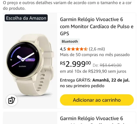 Garmin Relógio Vivoactive 6 com Monitor Cardíaco de Pulso e GPS