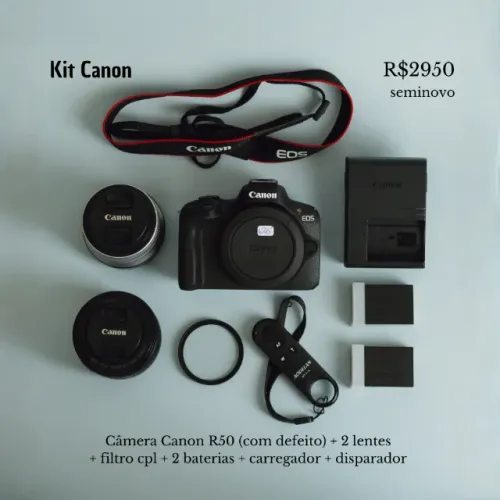 Kit Canon (câmera R50 com defeito + 2 lentes + filtro + 2 baterias + disparador)