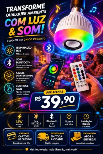 LÂMPADA LED MUSICAL BLUETOOTH RGB COM CAIXA DE SOM INTEGRADA + CONTROLE