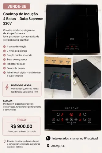 Fogão cooktop de indução 4 bocas Dako supreme preto 220v