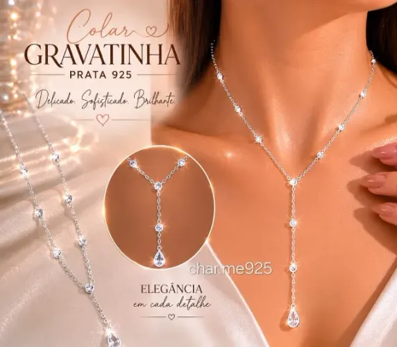 Colar Gravatinha Zircônia Prata 925