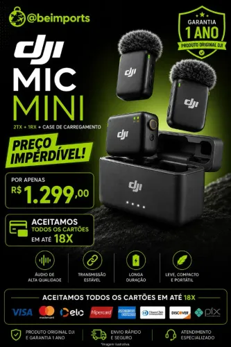 Microfone DJI Mic Mini 2TX + 1RX + CASE CARREGAMENTO (Novos) Em até 18X