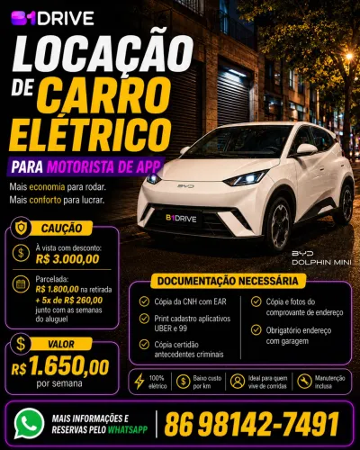 Aluguel Locação Carros Elétricos para Motorista de Aplicativos
