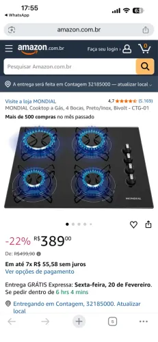 169) MONDIAL Cooktop a Gás, 4 Bocas, Preto/Inox, Bivolt - CTG-01