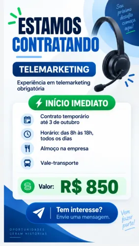 Precisa-se funcionários área Telemarketing com experiência