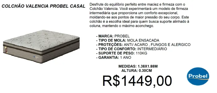 Colchão casal valência probel alta linha - entrega gratis