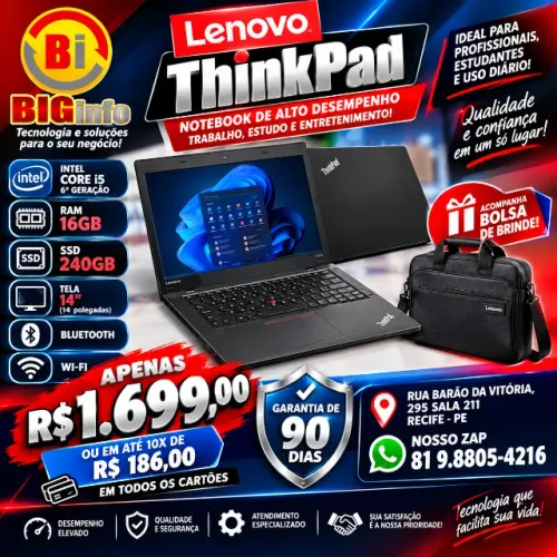 Notebook Lenovo ThinkPad T460 i5 16GB 240GB Bluethoo Wifi - Em ate 10x Fixas