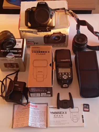 Kit câmera + flash + lente + cartão memória