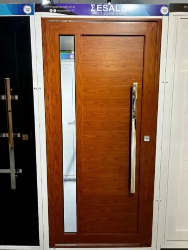 Porta pivotante com puxador alumínio amadeirado (Pronta entrega)