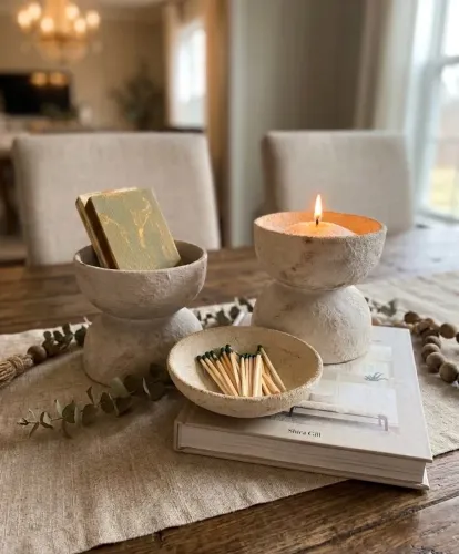 Kit Decorativo Artesanal Minimalista com Porta-Vela e Bowl