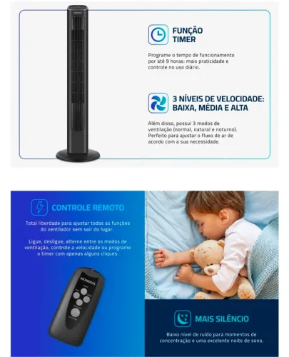 MONDIAL Ventilador de Torre Air Tower, Preto, 45W, 220V - VTR-01-B
