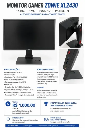 Monitor Gamer BenQ ZOWIE XL2430 - 24" Full HD 144Hz 1ms