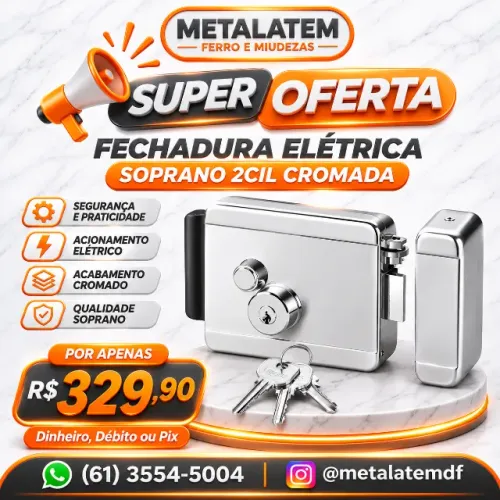 FECHADURA ELÉTRICA SOPRANO 2 CILINDROS CROMADA