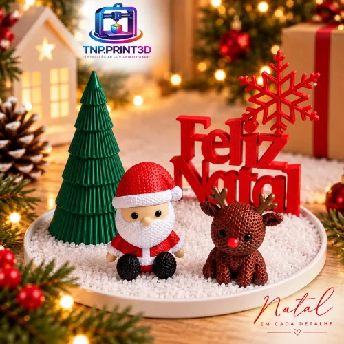 ? Kit Decoração Natalina em Impressão 3D - Papai Noel, Rena e Árvore