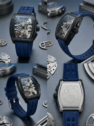 Relógio OFNS 1209 Skeleton Original - Preto e Azul em Borracha