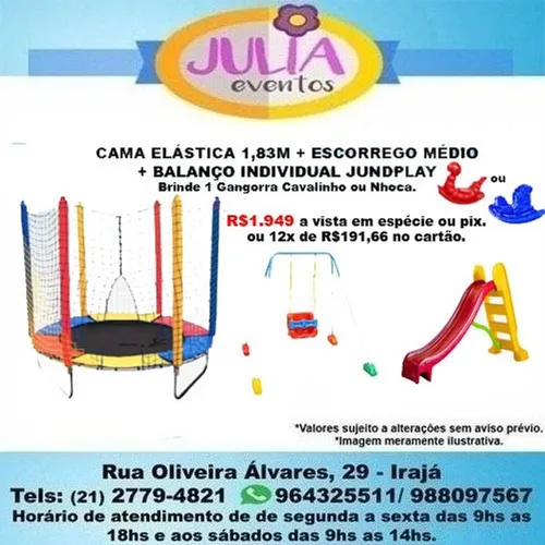 Cama Elástica 1,83m Colorida + Escorrego médio + Balanço Individual Jundplay