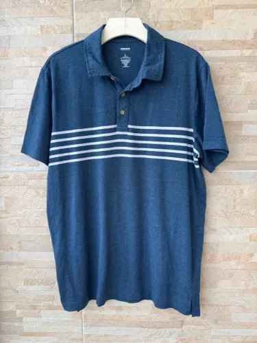 Camisa polo importada na cor azul com listras branca, tamanho G.