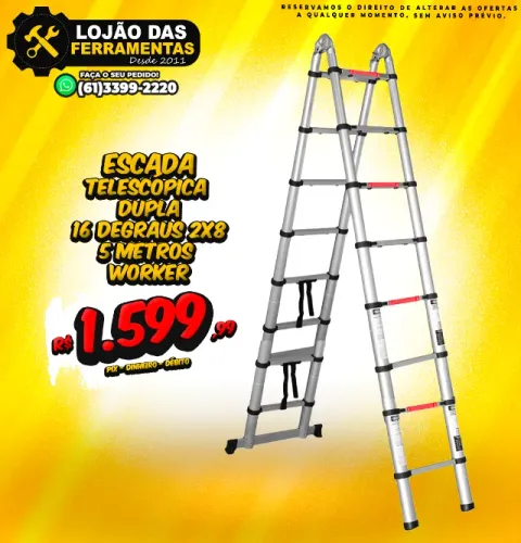 Escada Telescópica Dupla 16 Degraus 2x8 5 Metros Worker
