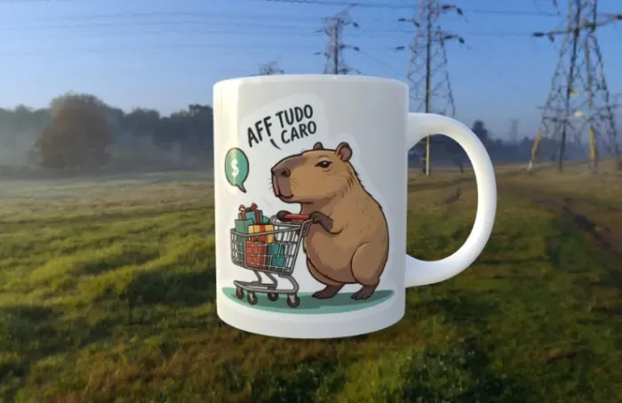 caneca de porcelana estampa capivara mercado tudo caro aff !!
