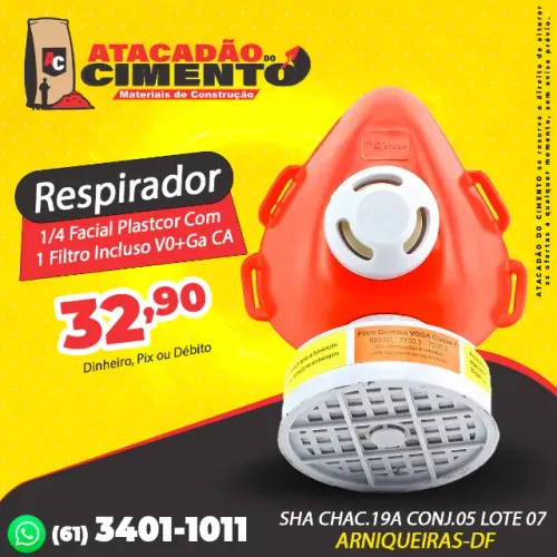 Respirador 1/4 Facial Plastcor Com 1 Filtro Incluso V0+Ga CA