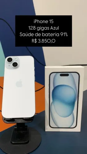 iPhone 15 / 128 GB / Azul / Saúde de bateria 91% / R$ 3.850,00
