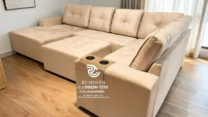 Sofá de Canto 3,10m Chaise e Puff Veludo Verde D33 Aconchegante