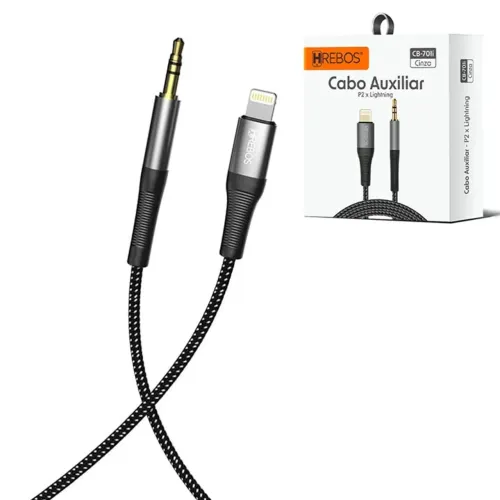 Cabo de Áudio Auxiliar Lightning para P2 Macho 90cm, Preto - Hrebos 