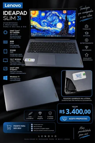 Notebook Lenovo IdeaPad Slim 3i - Core i5 | 8GB RAM | SSD 512GB