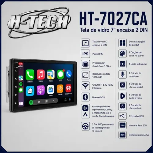 Multimidia Android H-tech 2/32gb tela de vidro IPS com Carplay e Android auto sem fio