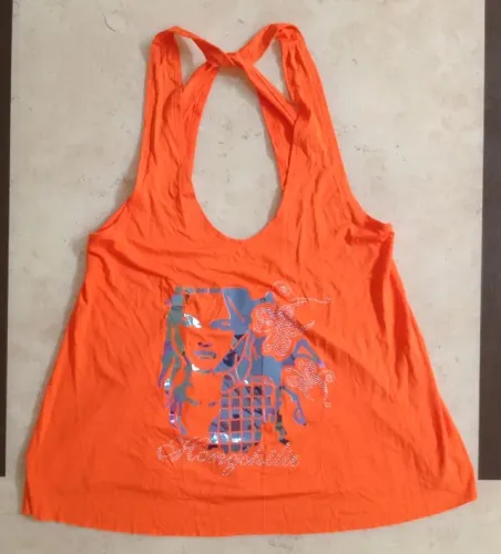 Bata G blusinha feminina laranja alças cruzadas nas costas adesivos brilhantes e pedrinhas