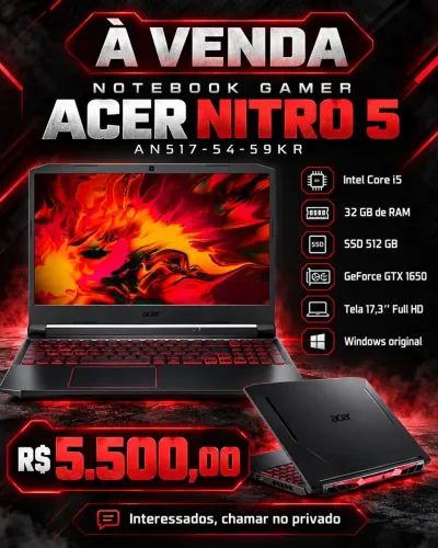 Notebook Gamer Acer Nitro 5 AN517-54-59KR i5 512GB SSD GTX 1650 17.3´ FHD 32gb ram