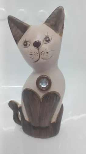 Cerâmica Decorativa Gato Bege e Marrom de Enfeite Médio 26 cm