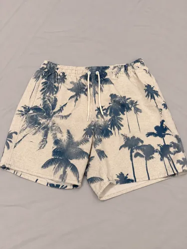 Short Praia Masculino M Bege Estampa Coqueiros Azul